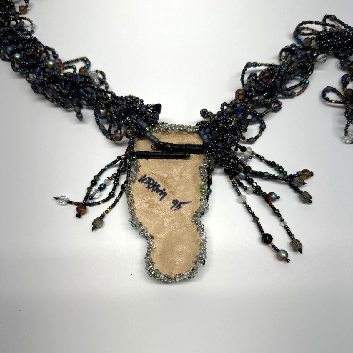 Vtg Handmade WRKing Signed 1995 Iridescent Shell Pendant Beaded L Necklace 24in