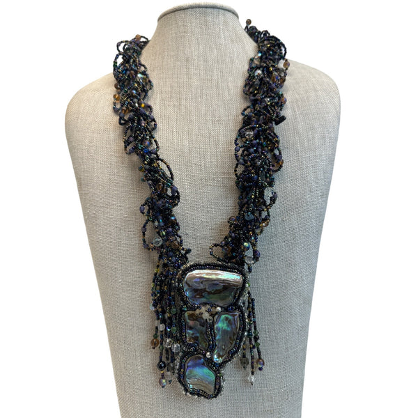 Vtg Handmade WRKing Signed 1995 Iridescent Shell Pendant Beaded L Necklace 24in
