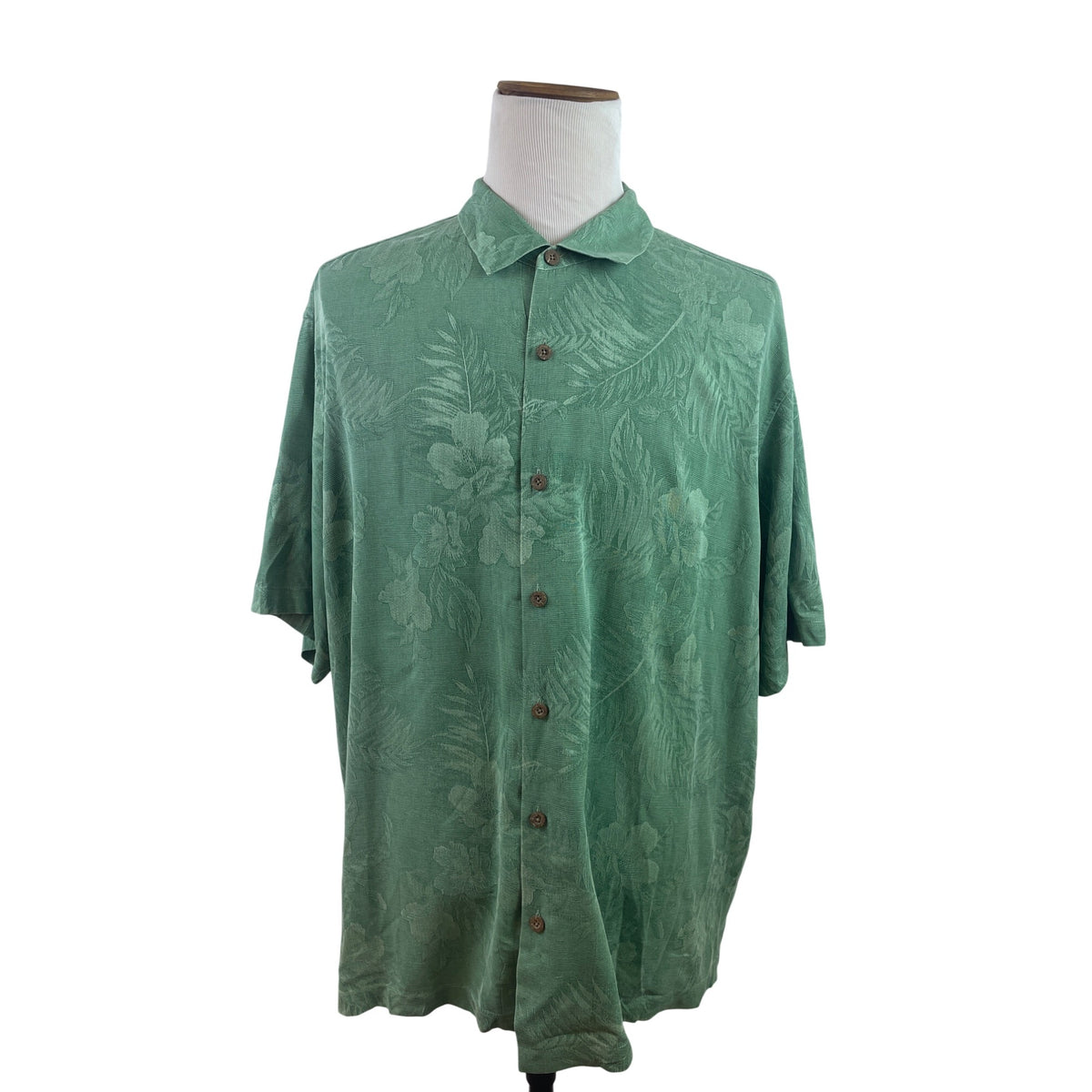 Tommy Bahama Mens Green Silk Floral Hawaiian Short Sleeve Button-Up Shirt Size 2XL