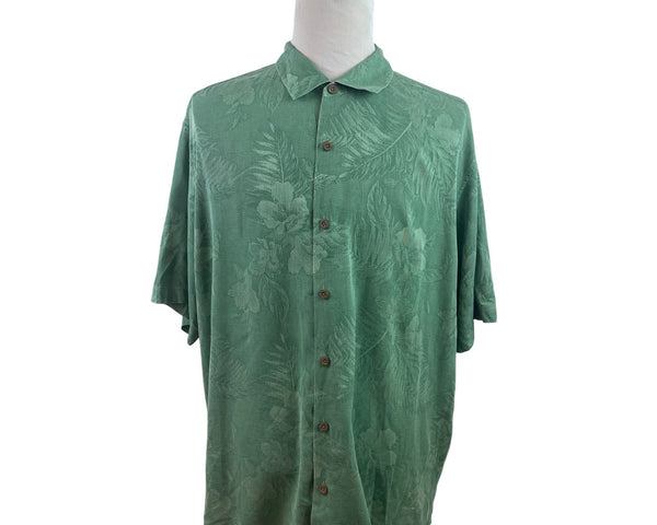 Tommy Bahama Mens Green Silk Floral Hawaiian Short Sleeve Button-Up Shirt Size 2XL