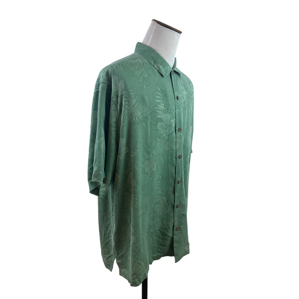 Tommy Bahama Mens Green Silk Floral Hawaiian Short Sleeve Button-Up Shirt Size 2XL