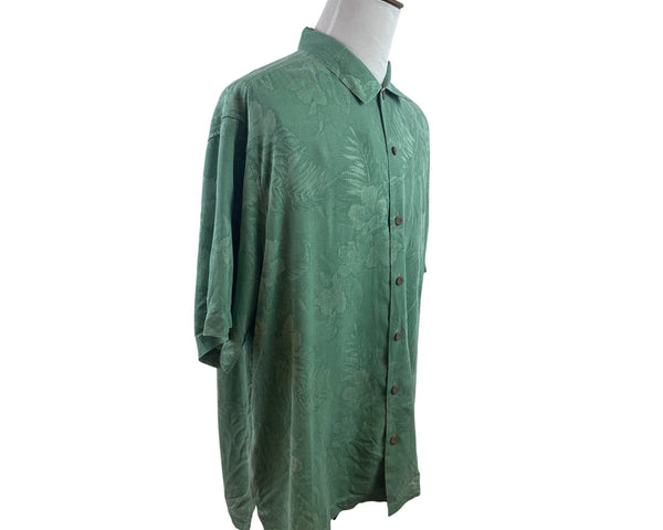Tommy Bahama Mens Green Silk Floral Hawaiian Short Sleeve Button-Up Shirt Size 2XL