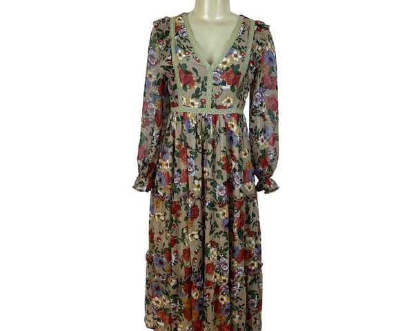 In Bloom Womens Beige Floral Bohemian Maxi Dress Long Sleeve Size S - New