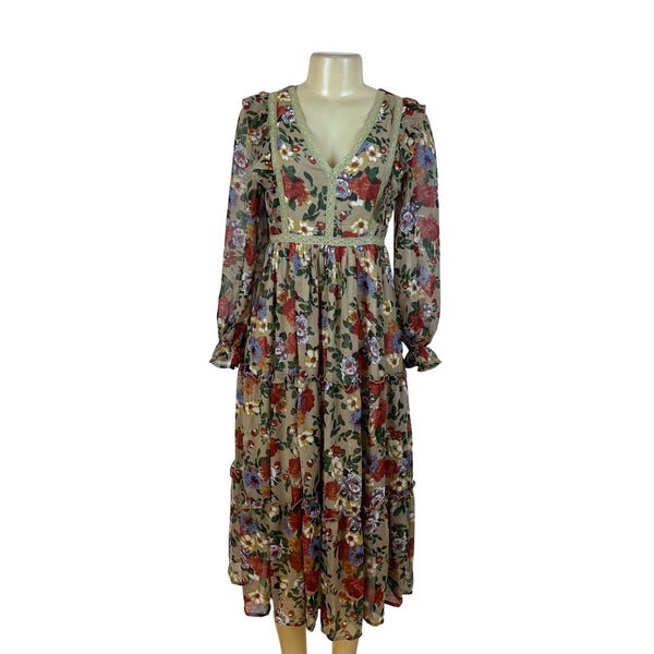 In Bloom Womens Beige Floral Bohemian Maxi Dress Long Sleeve Size S - New