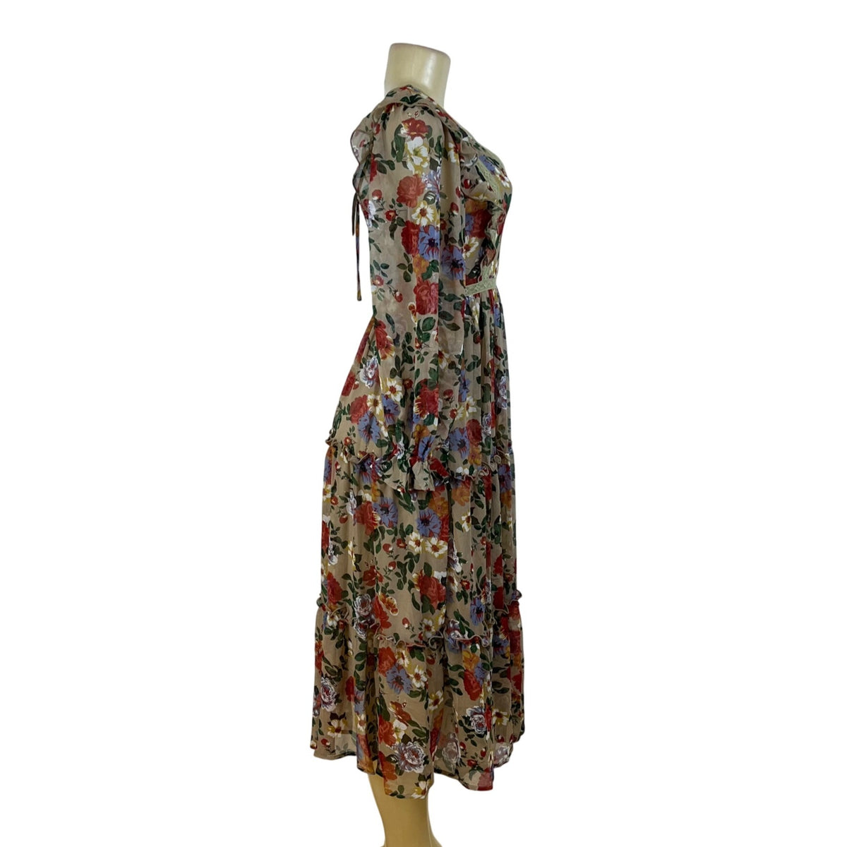 In Bloom Womens Beige Floral Bohemian Maxi Dress Long Sleeve Size S - New