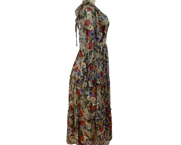 In Bloom Womens Beige Floral Bohemian Maxi Dress Long Sleeve Size S - New