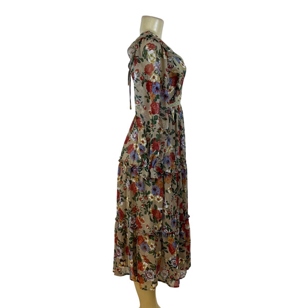 In Bloom Womens Beige Floral Bohemian Maxi Dress Long Sleeve Size S - New