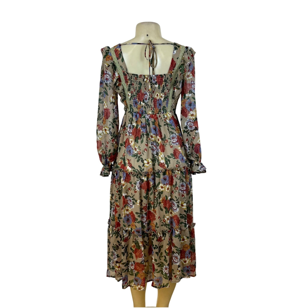 In Bloom Womens Beige Floral Bohemian Maxi Dress Long Sleeve Size S - New