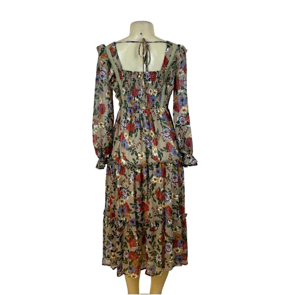 In Bloom Womens Beige Floral Bohemian Maxi Dress Long Sleeve Size S - New
