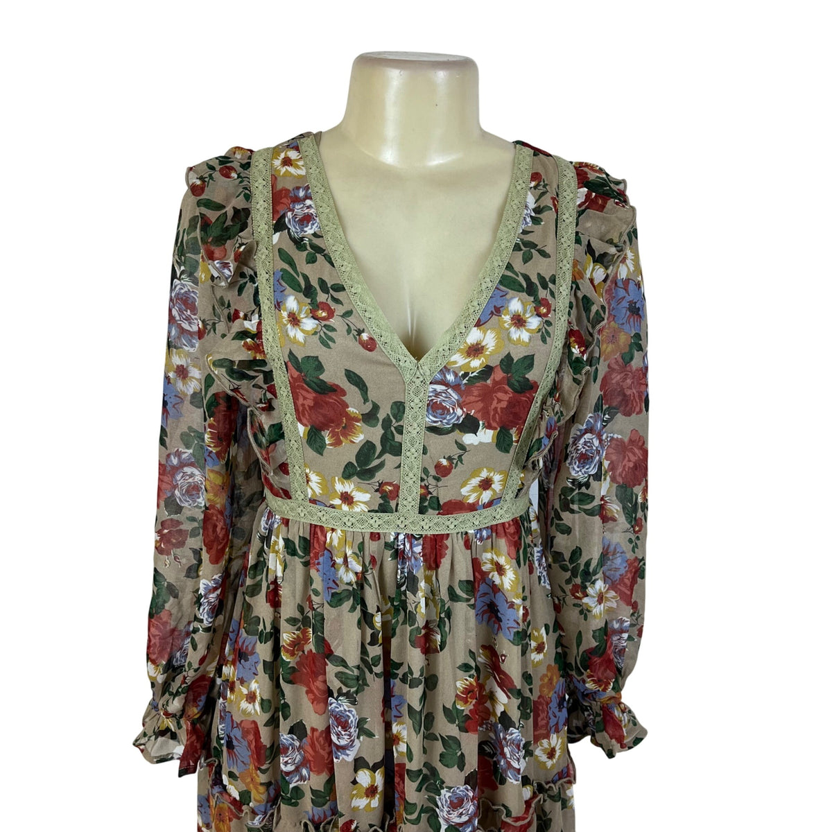 In Bloom Womens Beige Floral Bohemian Maxi Dress Long Sleeve Size S - New