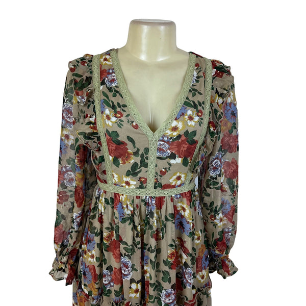 In Bloom Womens Beige Floral Bohemian Maxi Dress Long Sleeve Size S - New