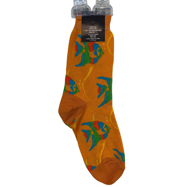 The Hot Sox Unisex Orange Cotton Blend Socks Multicolor Fish Pattern Size 9-11