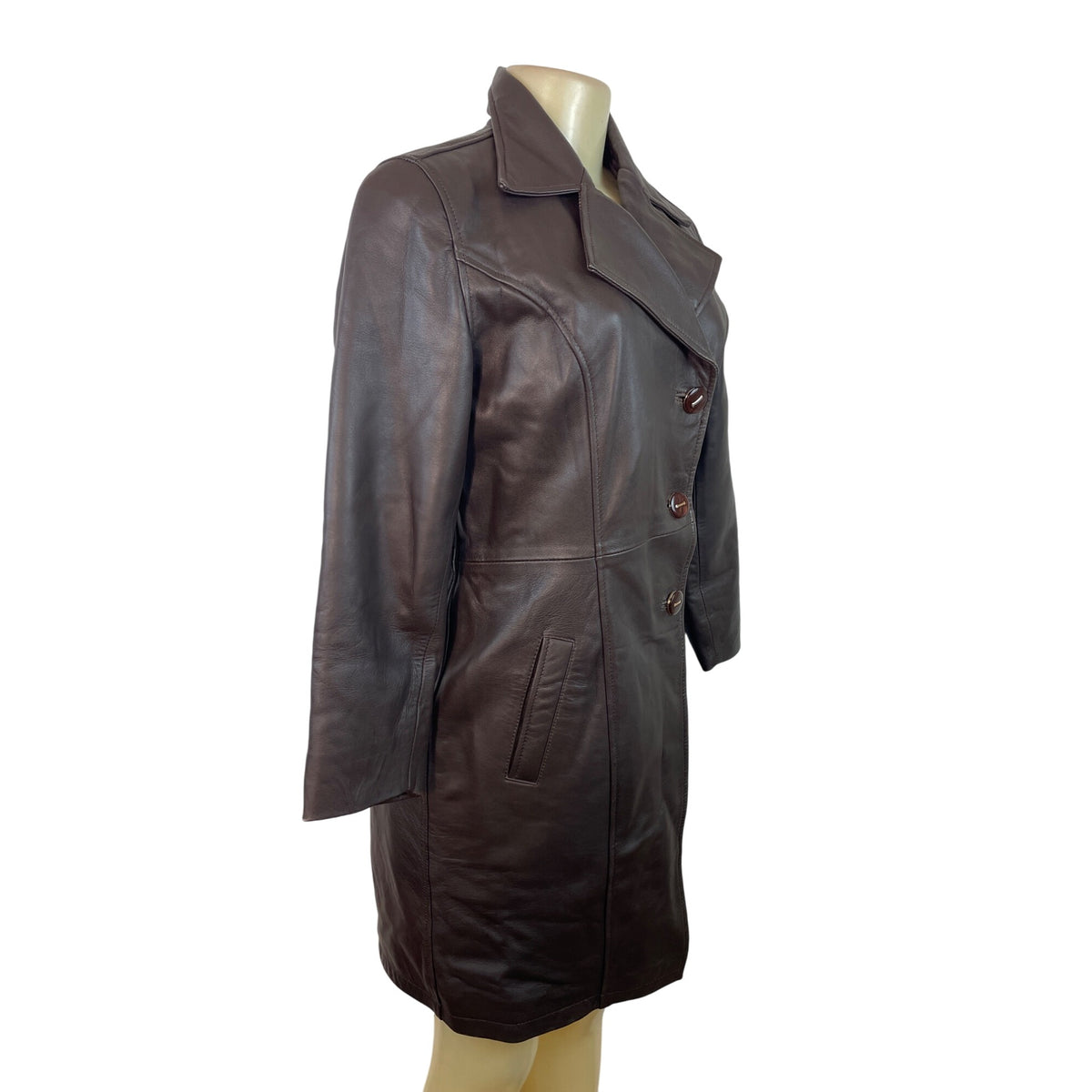 Women's Brown Leather Button Up Trench Coat With Faux Fur Lining