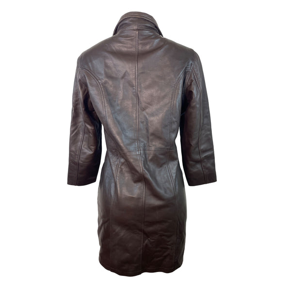Women's Brown Leather Button Up Trench Coat With Faux Fur Lining