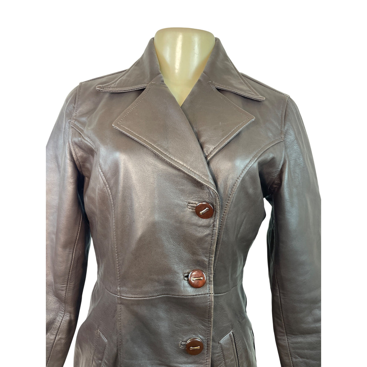 Women's Brown Leather Button Up Trench Coat With Faux Fur Lining