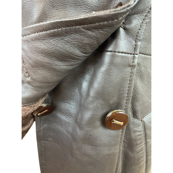 Women's Brown Leather Button Up Trench Coat With Faux Fur Lining