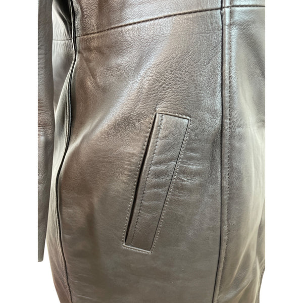 Women's Brown Leather Button Up Trench Coat With Faux Fur Lining