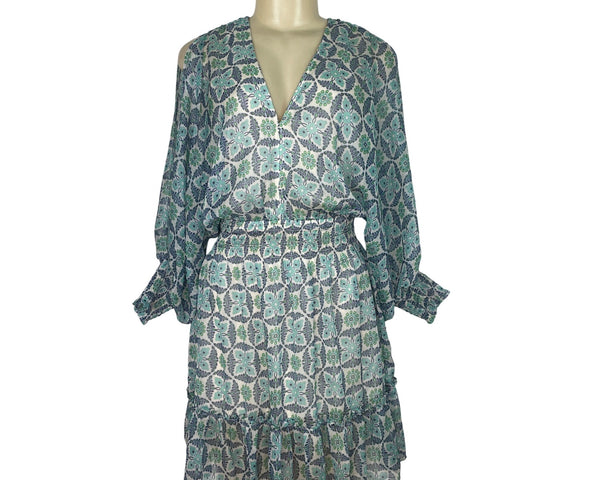 Lovestitch Women’s Blue & Green Floral Print V-Neck Long Sleeve Mini Dress Sz S