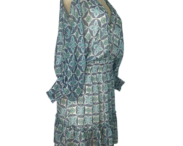 Lovestitch Women’s Blue & Green Floral Print V-Neck Long Sleeve Mini Dress Sz S