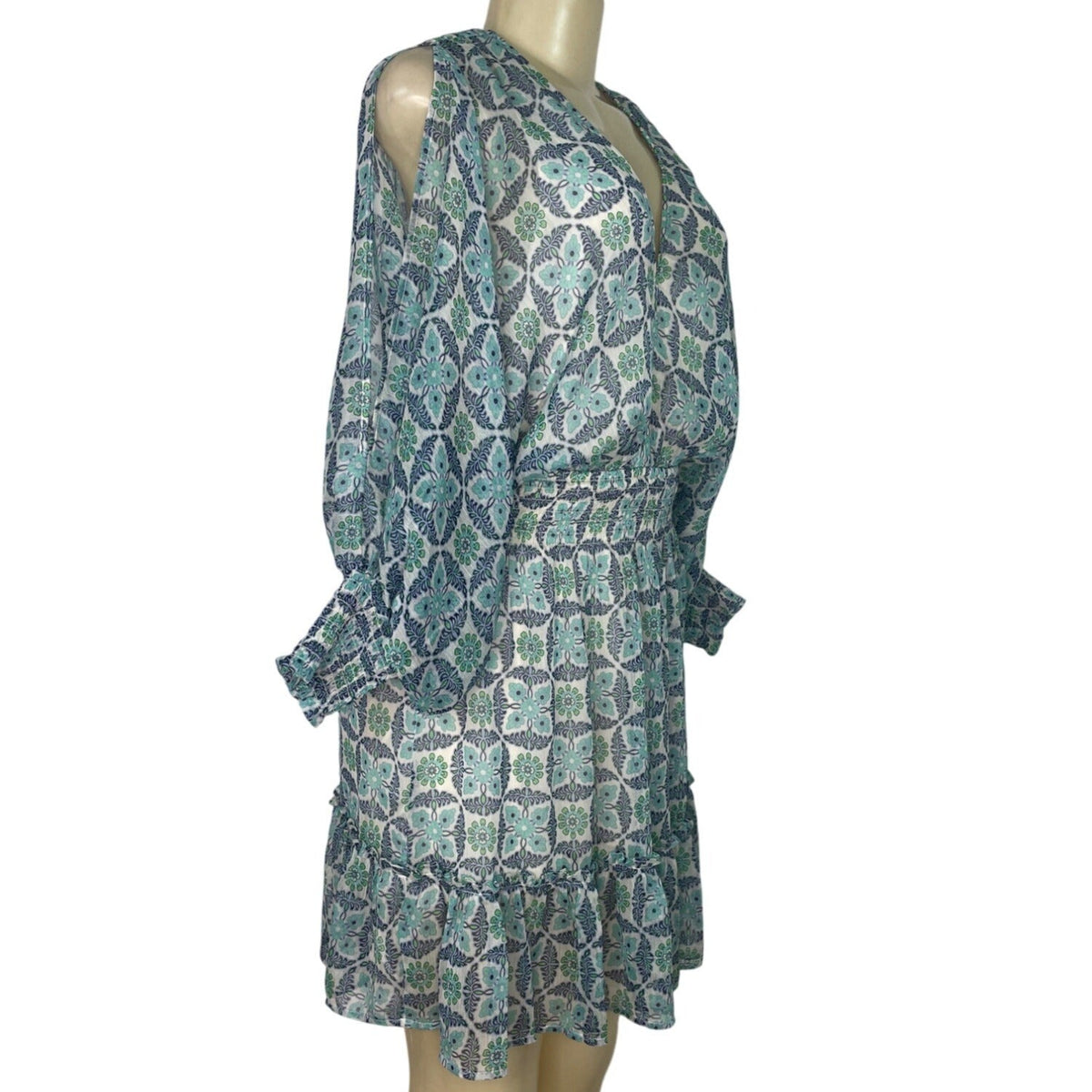 Lovestitch Women’s Blue & Green Floral Print V-Neck Long Sleeve Mini Dress Sz S