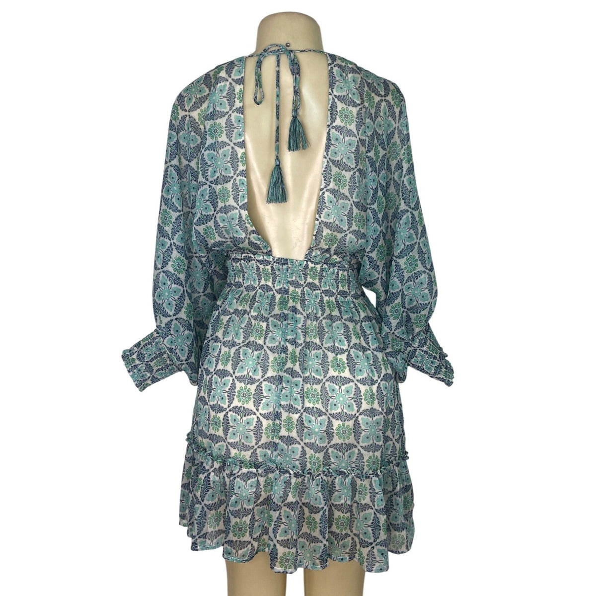 Lovestitch Women’s Blue & Green Floral Print V-Neck Long Sleeve Mini Dress Sz S
