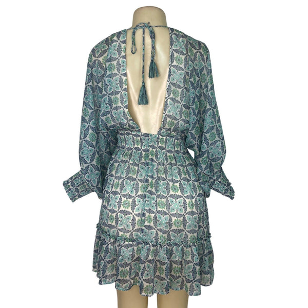 Lovestitch Women’s Blue & Green Floral Print V-Neck Long Sleeve Mini Dress Sz S