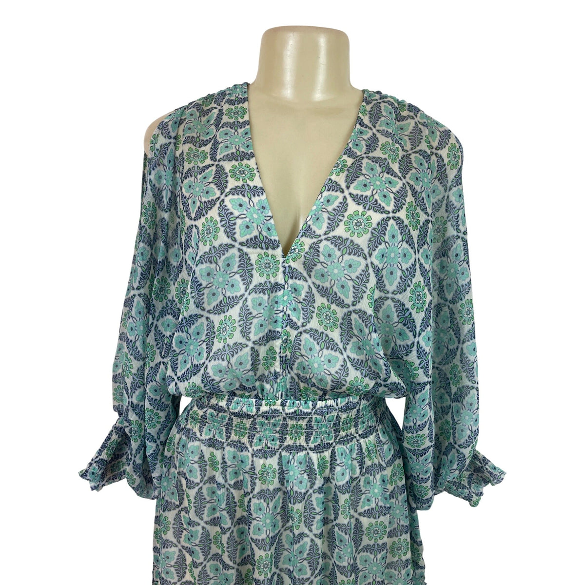 Lovestitch Women’s Blue & Green Floral Print V-Neck Long Sleeve Mini Dress Sz S
