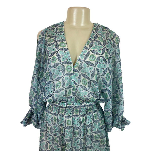 Lovestitch Women’s Blue & Green Floral Print V-Neck Long Sleeve Mini Dress Sz S