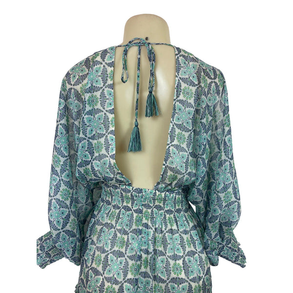 Lovestitch Women’s Blue & Green Floral Print V-Neck Long Sleeve Mini Dress Sz S