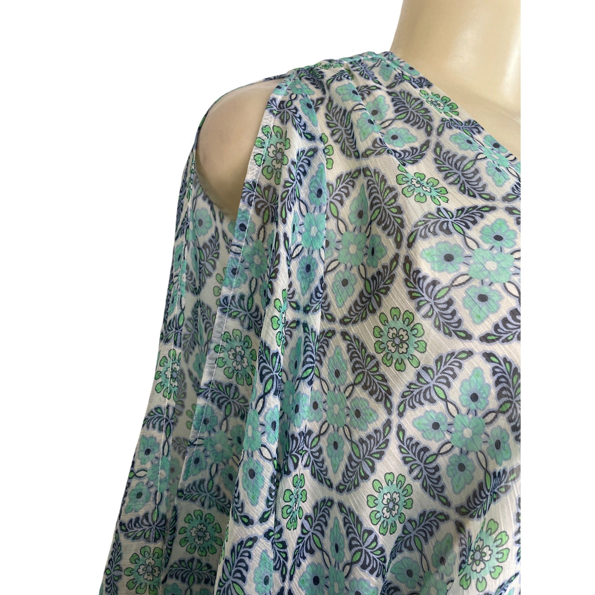 Lovestitch Women’s Blue & Green Floral Print V-Neck Long Sleeve Mini Dress Sz S