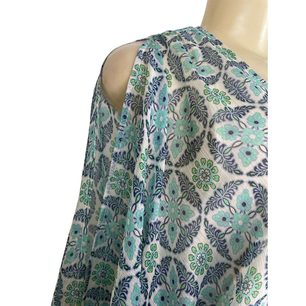 Lovestitch Women’s Blue & Green Floral Print V-Neck Long Sleeve Mini Dress Sz S