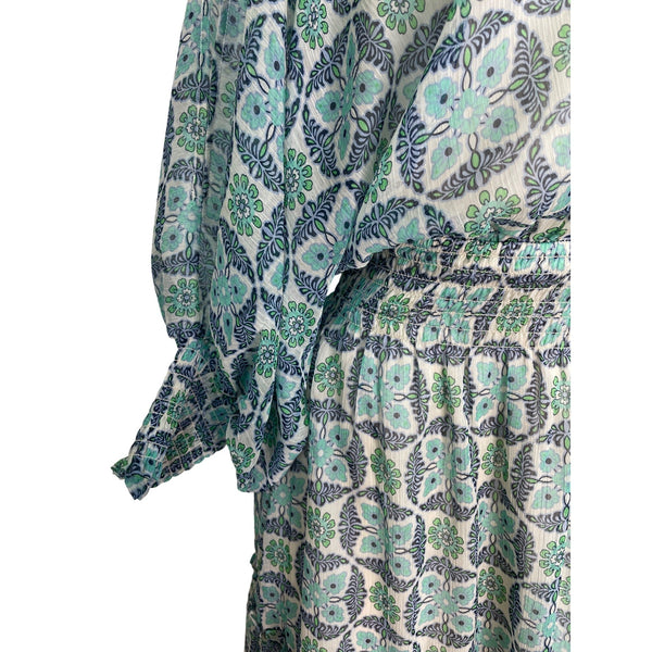 Lovestitch Women’s Blue & Green Floral Print V-Neck Long Sleeve Mini Dress Sz S