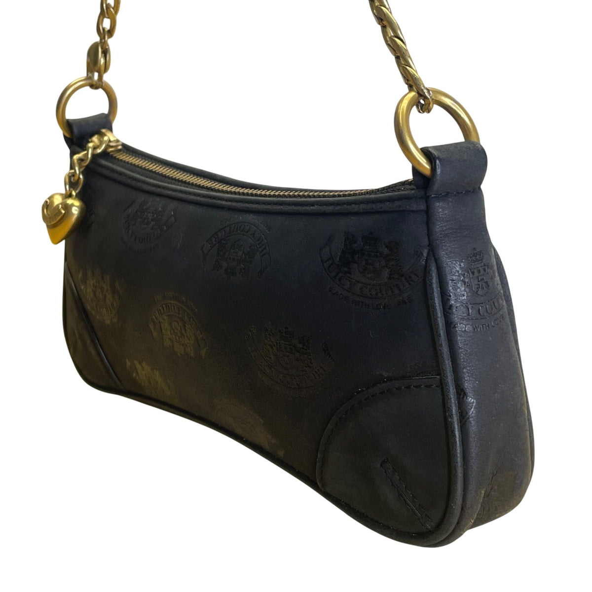 Juicy Couture Black Embossed Leather With Gold Chain Strap & Heart Charm Clutch