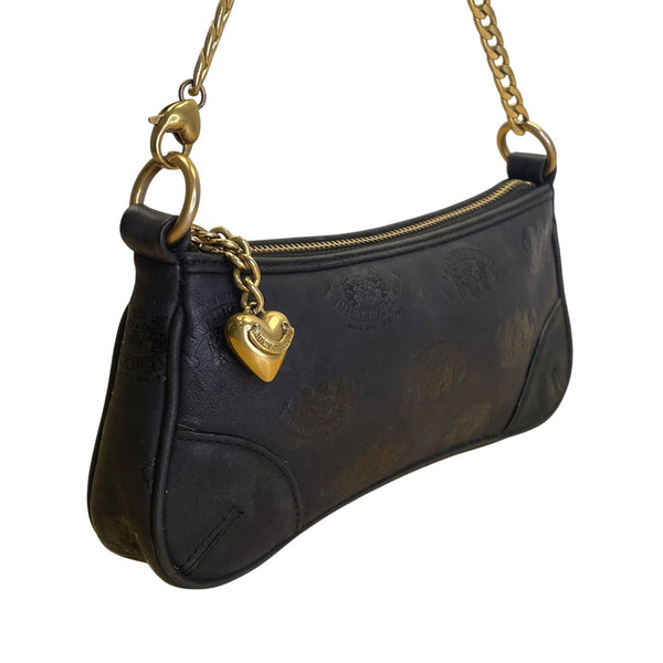 Juicy Couture Black Embossed Leather With Gold Chain Strap & Heart Charm Clutch