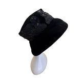 Black Velvet Bucket Hat With Decorative Lace & Beading Design For Women