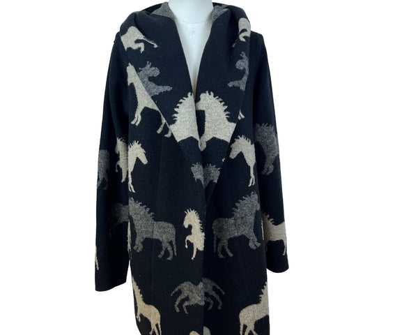 Field Flower Womens Black Wool Blend Hooded Cardigan With Horse Print Sz S