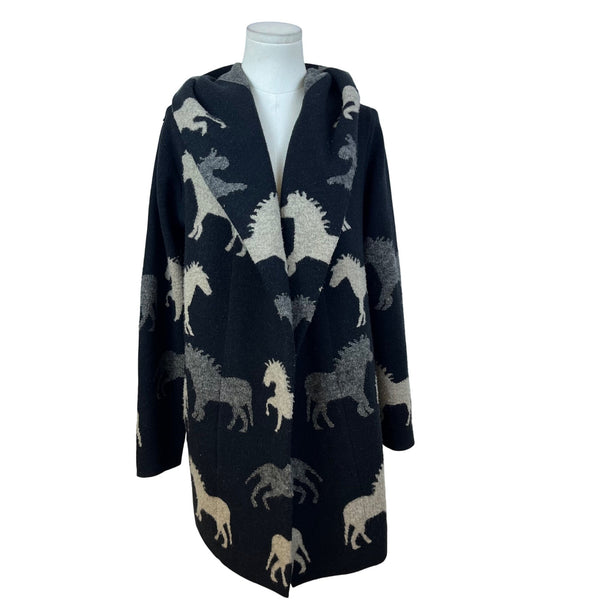 Field Flower Womens Black Wool Blend Hooded Cardigan With Horse Print Sz S
