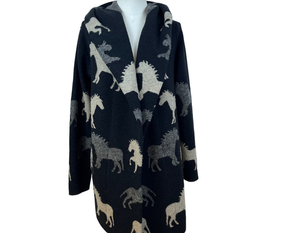 Field Flower Womens Black Wool Blend Hooded Cardigan With Horse Print Sz S
