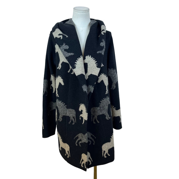 Field Flower Womens Black Wool Blend Hooded Cardigan With Horse Print Sz S