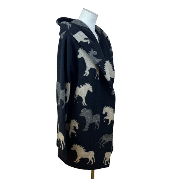 Field Flower Womens Black Wool Blend Hooded Cardigan With Horse Print Sz S