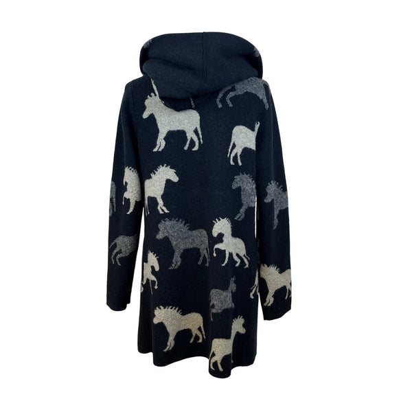 Field Flower Womens Black Wool Blend Hooded Cardigan With Horse Print Sz S