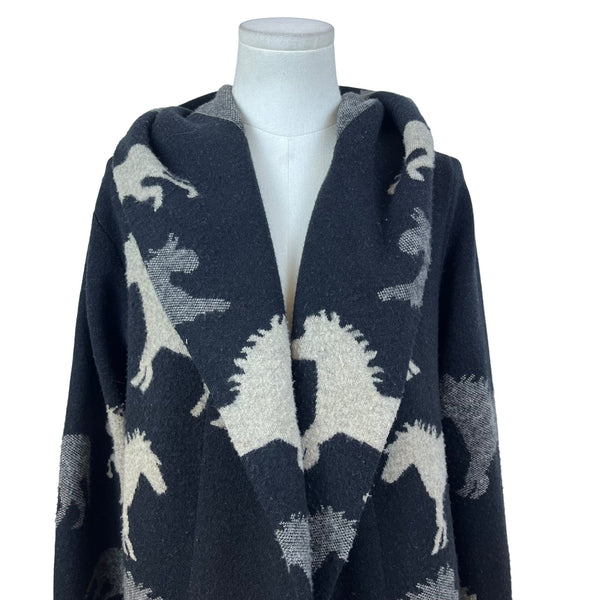 Field Flower Womens Black Wool Blend Hooded Cardigan With Horse Print Sz S