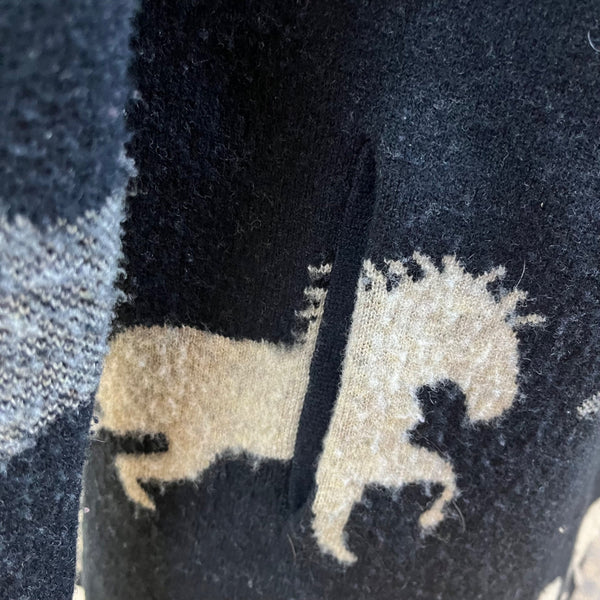 Field Flower Womens Black Wool Blend Hooded Cardigan With Horse Print Sz S