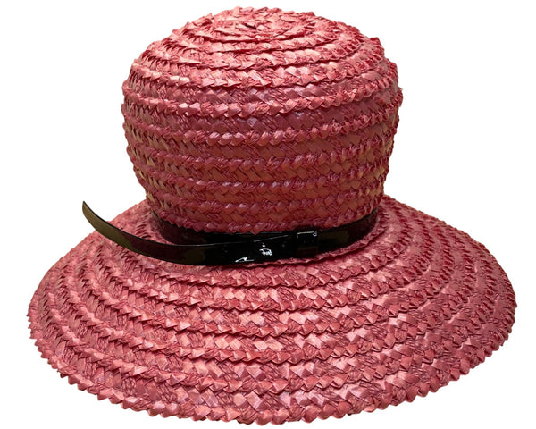 Beresford Womens Pink Straw Hat Woven Wide Brim Church Cloche Style Black Band Trim