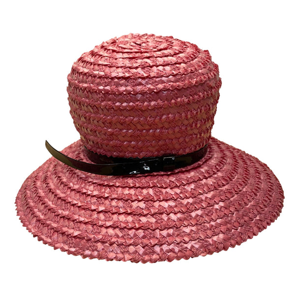 Beresford Womens Pink Straw Hat Woven Wide Brim Church Cloche Style Black Band Trim