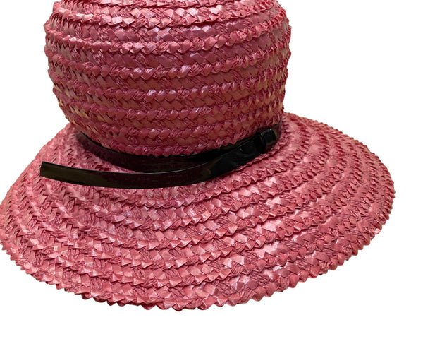 Beresford Womens Pink Straw Hat Woven Wide Brim Church Cloche Style Black Band Trim