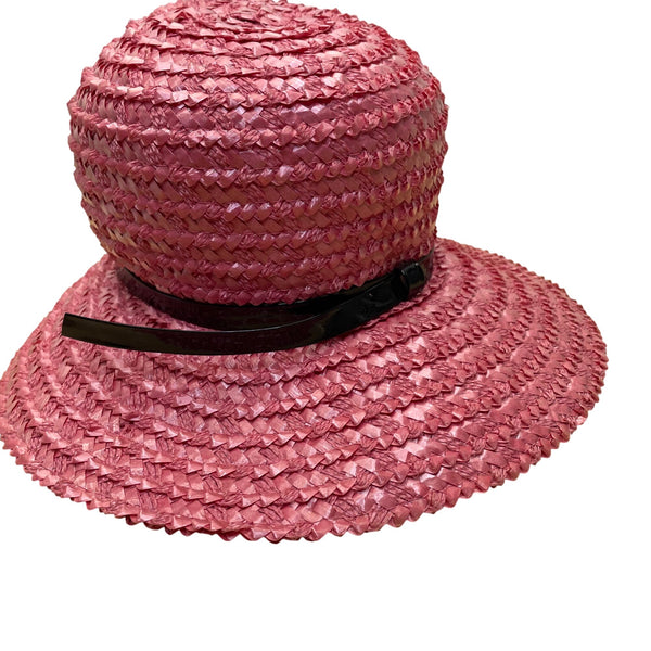 Beresford Womens Pink Straw Hat Woven Wide Brim Church Cloche Style Black Band Trim