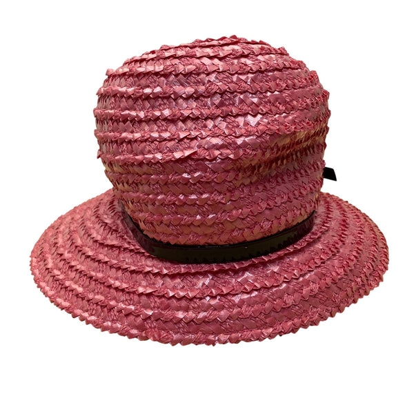 Beresford Womens Pink Straw Hat Woven Wide Brim Church Cloche Style Black Band Trim