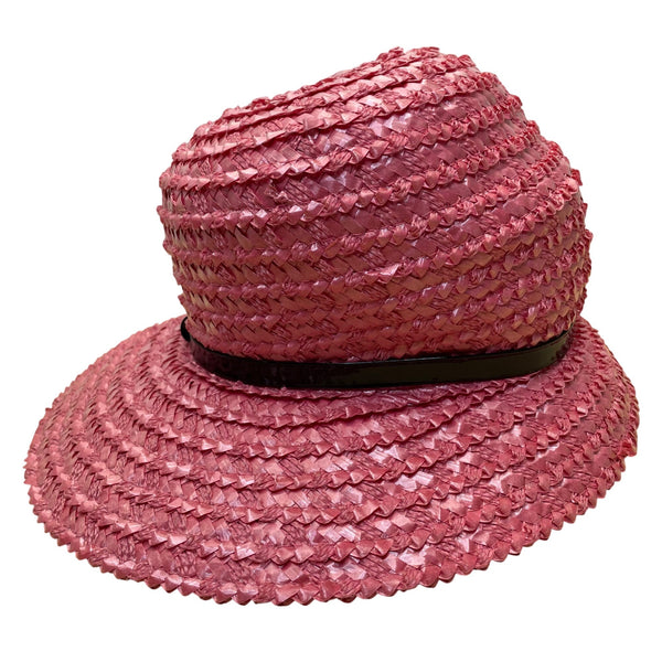 Beresford Womens Pink Straw Hat Woven Wide Brim Church Cloche Style Black Band Trim