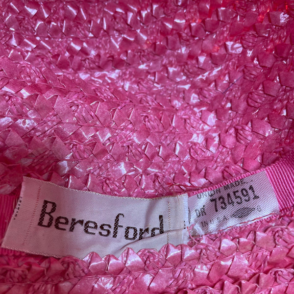 Beresford Womens Pink Straw Hat Woven Wide Brim Church Cloche Style Black Band Trim